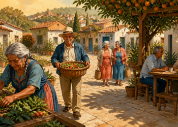 Grupo de personas mayores en una comunidad rural, cultivando verduras, transportando alimentos frescos, caminando juntas y compartiendo una comida al aire libre.