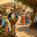 Grupo de personas mayores en una comunidad rural, cultivando verduras, transportando alimentos frescos, caminando juntas y compartiendo una comida al aire libre.