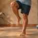Hombre adulto realiza un ejercicio de equilibrio descalzo, apoyado sobre un solo pie y con la otra pierna elevada, en una habitación iluminada por el sol.