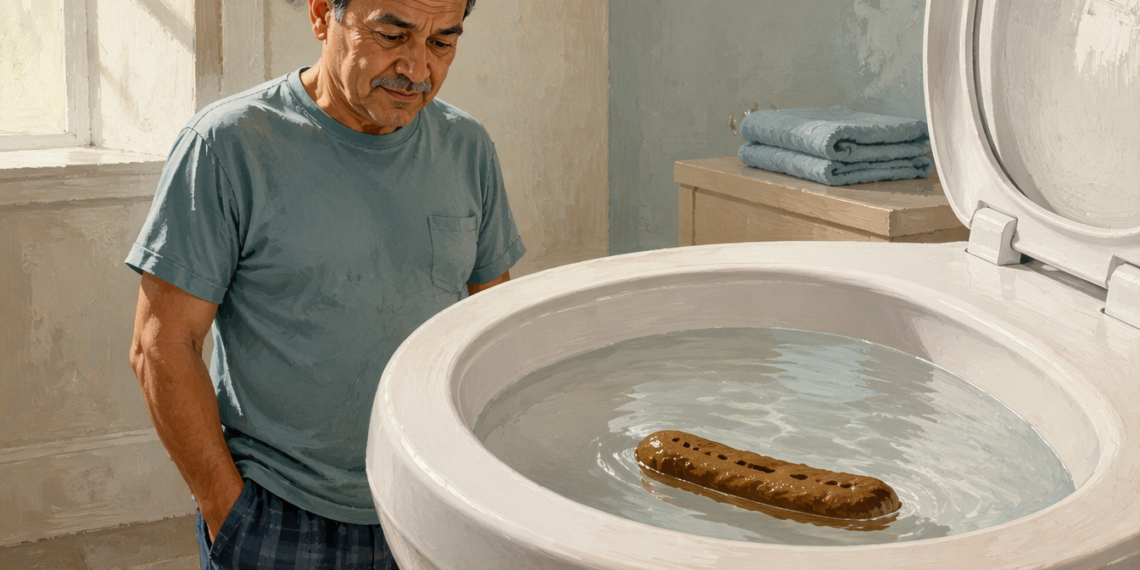 Hombre adulto observa unas heces que flotan en el agua del inodoro, dentro de un baño iluminado.