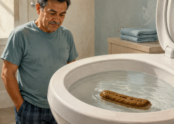 Hombre adulto observa unas heces que flotan en el agua del inodoro, dentro de un baño iluminado.
