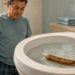 Hombre adulto observa unas heces que flotan en el agua del inodoro, dentro de un baño iluminado.
