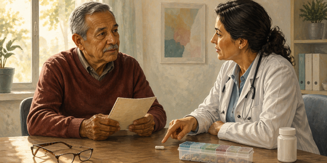 Hombre mayor consulta a una médica mientras sostiene un documento, junto a un pastillero semanal, una cápsula, un frasco de medicación y unas gafas sobre la mesa.