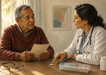 Hombre mayor consulta a una médica mientras sostiene un documento, junto a un pastillero semanal, una cápsula, un frasco de medicación y unas gafas sobre la mesa.