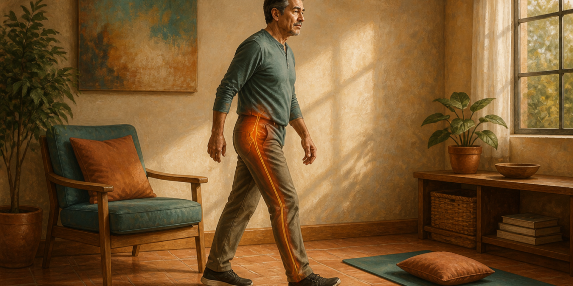 Hombre de mediana edad camina dentro de casa mientras una línea luminosa recorre la cadera, el muslo y la pierna para representar el nervio ciático.