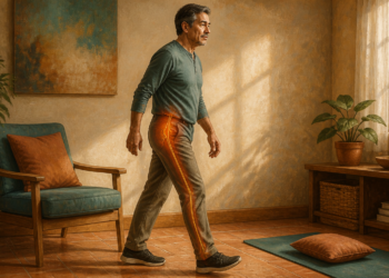 Hombre de mediana edad camina dentro de casa mientras una línea luminosa recorre la cadera, el muslo y la pierna para representar el nervio ciático.