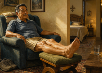 Hombre adulto descansando en un sillón con las piernas elevadas, los zapatos en el suelo y un vaso de agua sobre la mesa, en una escena relacionada con los hábitos ante la próstata agrandada y la necesidad de orinar por la noche.