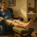 Hombre adulto descansando en un sillón con las piernas elevadas, los zapatos en el suelo y un vaso de agua sobre la mesa, en una escena relacionada con los hábitos ante la próstata agrandada y la necesidad de orinar por la noche.