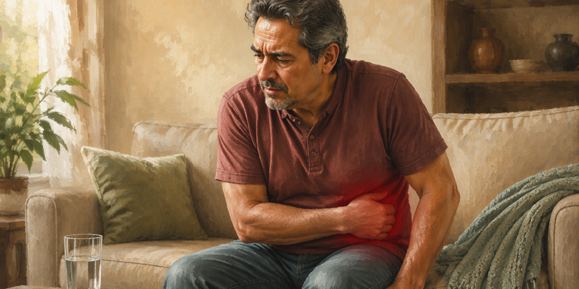 Hombre de mediana edad sentado en un sofá presiona la parte inferior izquierda del abdomen mientras muestra una expresión de dolor.