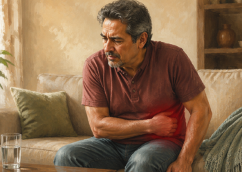 Hombre de mediana edad sentado en un sofá presiona la parte inferior izquierda del abdomen mientras muestra una expresión de dolor.