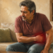 Hombre de mediana edad sentado en un sofá presiona la parte inferior izquierda del abdomen mientras muestra una expresión de dolor.