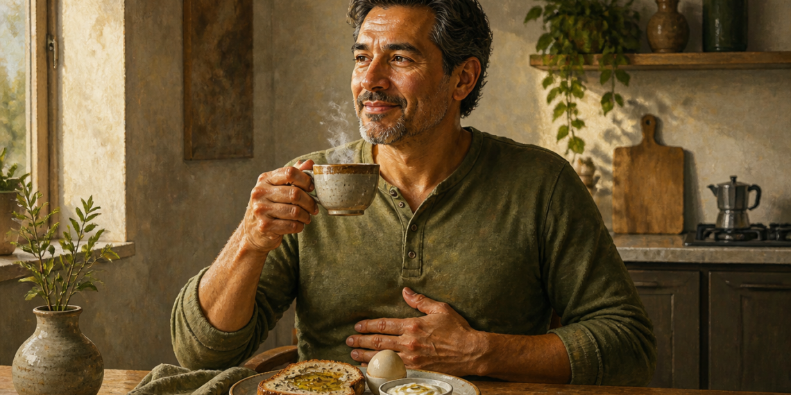 Hombre adulto sentado en una cocina sostiene una taza de café caliente junto a un desayuno con pan, huevo y yogur.