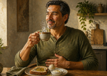 Hombre adulto sentado en una cocina sostiene una taza de café caliente junto a un desayuno con pan, huevo y yogur.