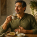 Hombre adulto sentado en una cocina sostiene una taza de café caliente junto a un desayuno con pan, huevo y yogur.