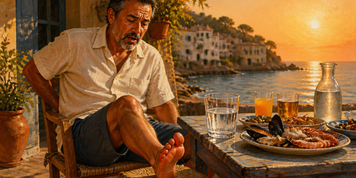 Hombre adulto con gesto de dolor sostiene el pie enrojecido junto a una mesa con marisco, cerveza, zumo y agua durante una comida de verano frente al mar.