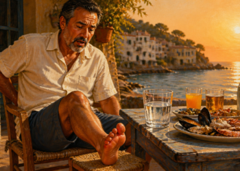 Hombre adulto con gesto de dolor sostiene el pie enrojecido junto a una mesa con marisco, cerveza, zumo y agua durante una comida de verano frente al mar.