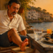 Hombre adulto con gesto de dolor sostiene el pie enrojecido junto a una mesa con marisco, cerveza, zumo y agua durante una comida de verano frente al mar.