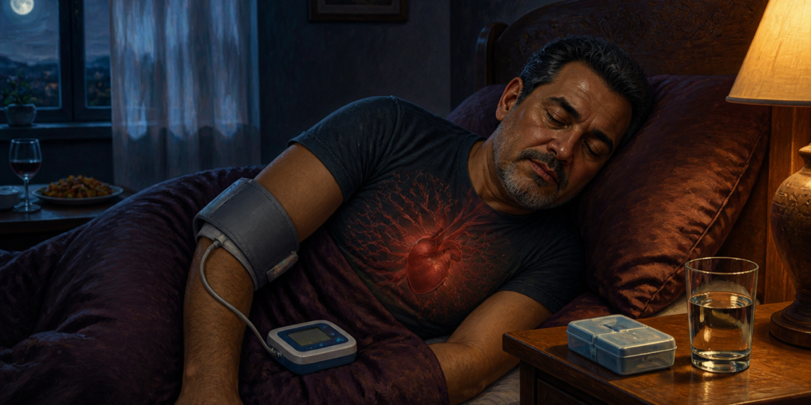 Hombre adulto acostado de noche con un manguito de presión arterial en el brazo y un tensiómetro sobre la cama, junto a un vaso de agua y un pastillero.