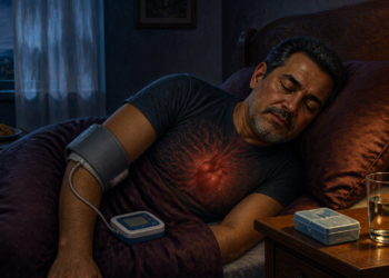 Hombre adulto acostado de noche con un manguito de presión arterial en el brazo y un tensiómetro sobre la cama, junto a un vaso de agua y un pastillero.