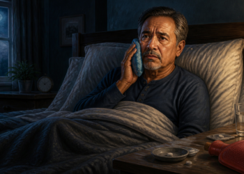 Hombre adulto sentado en la cama durante la noche, con una compresa fría sobre la mejilla y medicamentos junto a un vaso de agua.
