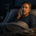 Hombre adulto sentado en la cama durante la noche, con una compresa fría sobre la mejilla y medicamentos junto a un vaso de agua.