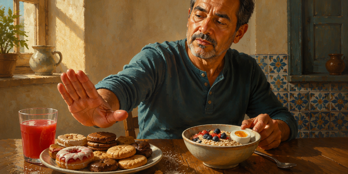 Hombre adulto aparta con la mano un plato de galletas y dulces mientras tiene delante un bol con avena, frutos rojos y huevo, junto a un vaso de bebida roja.
