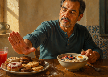 Hombre adulto aparta con la mano un plato de galletas y dulces mientras tiene delante un bol con avena, frutos rojos y huevo, junto a un vaso de bebida roja.