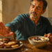 Hombre adulto aparta con la mano un plato de galletas y dulces mientras tiene delante un bol con avena, frutos rojos y huevo, junto a un vaso de bebida roja.
