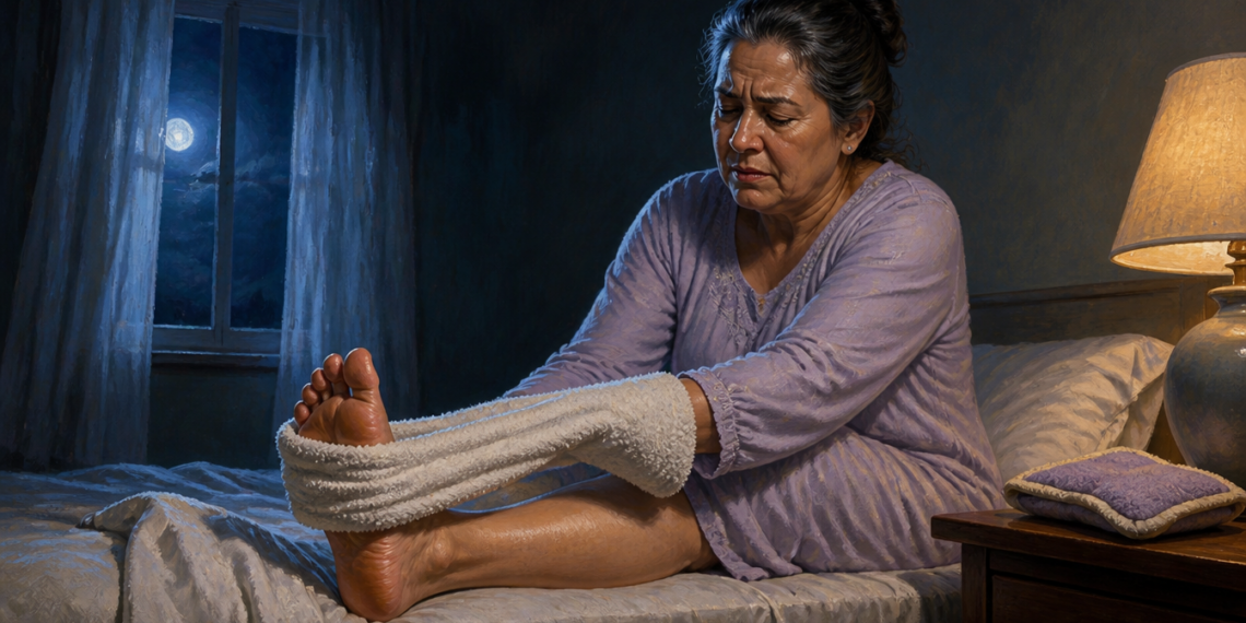 Mujer adulta sentada en la cama durante la noche, usando una toalla para estirar el pie mientras sufre un calambre en los dedos.