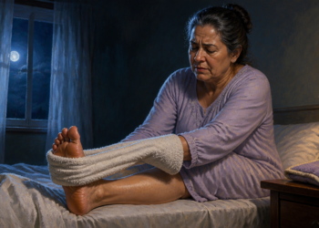 Mujer adulta sentada en la cama durante la noche, usando una toalla para estirar el pie mientras sufre un calambre en los dedos.