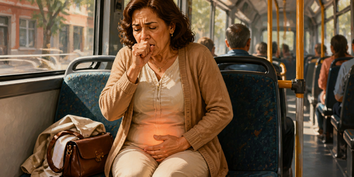 Mujer adulta sentada en un autobús que tose sobre su puño mientras sostiene la parte baja del abdomen, con una zona iluminada sobre la pelvis.