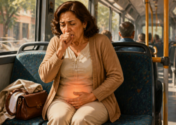 Mujer adulta sentada en un autobús que tose sobre su puño mientras sostiene la parte baja del abdomen, con una zona iluminada sobre la pelvis.
