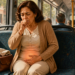 Mujer adulta sentada en un autobús que tose sobre su puño mientras sostiene la parte baja del abdomen, con una zona iluminada sobre la pelvis.