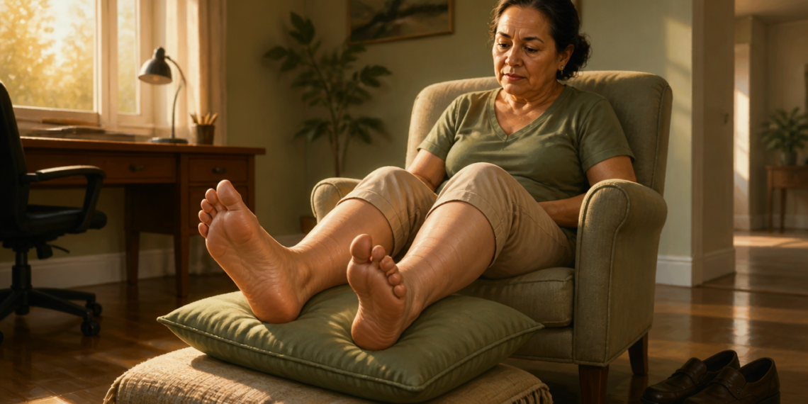 Mujer adulta sentada en un sillón con los pies descalzos y elevados sobre un cojín, mostrando hinchazón en piernas, tobillos y pies al final del día.