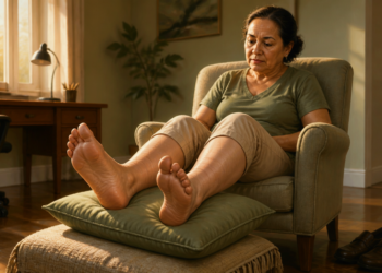 Mujer adulta sentada en un sillón con los pies descalzos y elevados sobre un cojín, mostrando hinchazón en piernas, tobillos y pies al final del día.