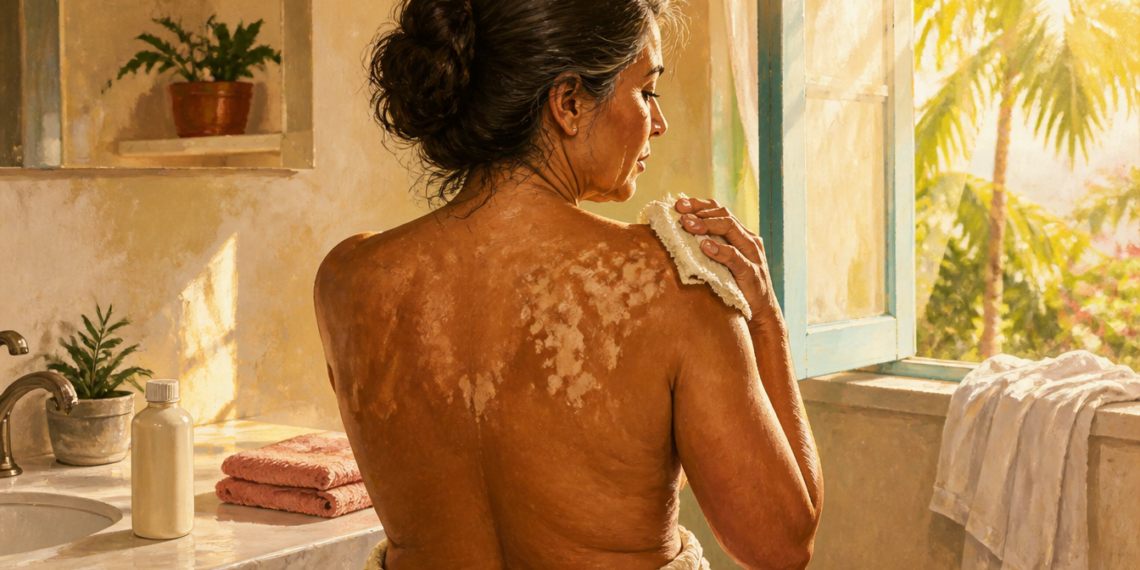 Mujer mayor limpia con una toalla las manchas blancas visibles en la piel de la espalda y el hombro dentro de un baño iluminado por el sol.