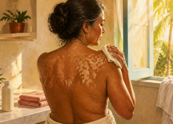 Mujer mayor limpia con una toalla las manchas blancas visibles en la piel de la espalda y el hombro dentro de un baño iluminado por el sol.