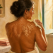 Mujer mayor limpia con una toalla las manchas blancas visibles en la piel de la espalda y el hombro dentro de un baño iluminado por el sol.