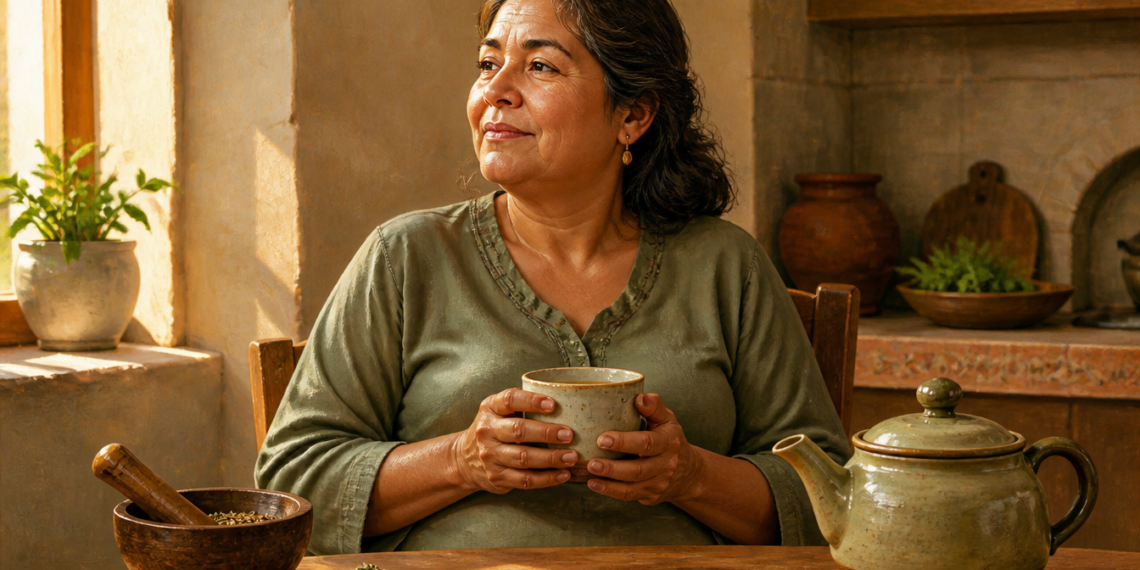Mujer adulta sentada en una mesa sosteniendo una taza de infusión junto a una tetera y semillas de hinojo, anís y comino, en un entorno doméstico relacionado con remedios naturales para los gases y la hinchazón abdominal.
