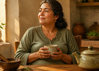 Mujer adulta sentada en una mesa sosteniendo una taza de infusión junto a una tetera y semillas de hinojo, anís y comino, en un entorno doméstico relacionado con remedios naturales para los gases y la hinchazón abdominal.