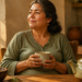 Mujer adulta sentada en una mesa sosteniendo una taza de infusión junto a una tetera y semillas de hinojo, anís y comino, en un entorno doméstico relacionado con remedios naturales para los gases y la hinchazón abdominal.