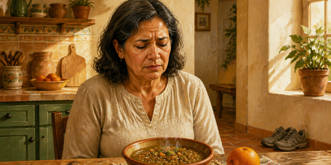 Mujer adulta con expresión de malestar sentada ante un plato de legumbres y verduras, en una cocina donde no se observa ninguna bebida junto a la comida.