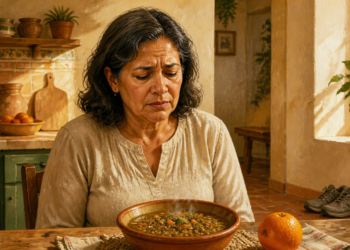 Mujer adulta con expresión de malestar sentada ante un plato de legumbres y verduras, en una cocina donde no se observa ninguna bebida junto a la comida.