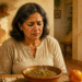 Mujer adulta con expresión de malestar sentada ante un plato de legumbres y verduras, en una cocina donde no se observa ninguna bebida junto a la comida.