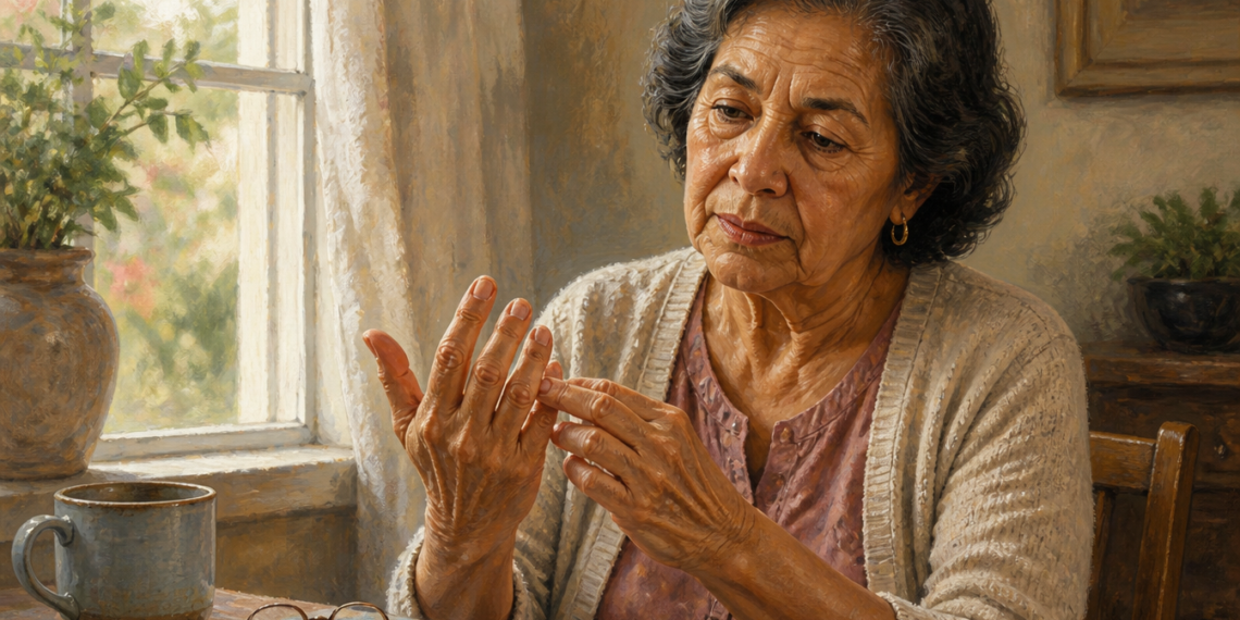 Mujer mayor observa y señala una articulación de los dedos mientras está sentada junto a una ventana.
