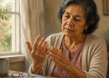 Mujer mayor observa y señala una articulación de los dedos mientras está sentada junto a una ventana.