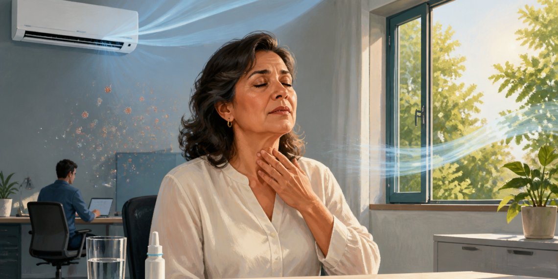 Mujer adulta se toca la garganta bajo el flujo de un aire acondicionado, junto a una ventana abierta, con un vaso de agua y un pulverizador nasal sobre la mesa.