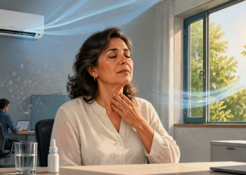 Mujer adulta se toca la garganta bajo el flujo de un aire acondicionado, junto a una ventana abierta, con un vaso de agua y un pulverizador nasal sobre la mesa.