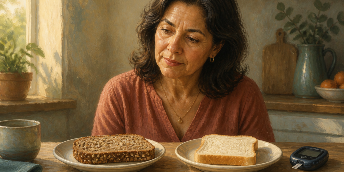 Mujer adulta observando dos rebanadas de pan, una integral y otra blanca, colocadas en platos sobre una mesa, junto a un glucómetro, en una comparación relacionada con la glucosa y la salud intestinal.