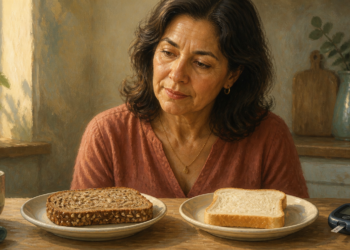 Mujer adulta observando dos rebanadas de pan, una integral y otra blanca, colocadas en platos sobre una mesa, junto a un glucómetro, en una comparación relacionada con la glucosa y la salud intestinal.